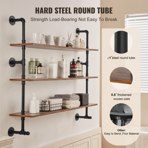 Industrial Pipe Shelf 3 Tier 48x984in WallMount Floating Rustic Wood