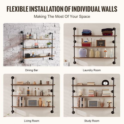 Industrial Pipe Shelf 3 Tier 48x984in WallMount Floating Rustic Wood
