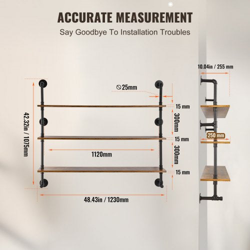 Industrial Pipe Shelf 3 Tier 48x984in WallMount Floating Rustic Wood