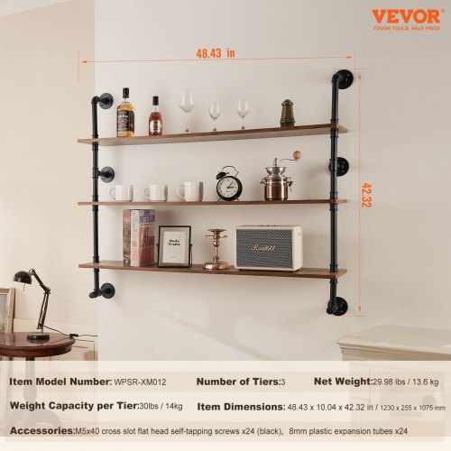 Industrial Pipe Shelf 3 Tier 48x984in WallMount Floating Rustic Wood
