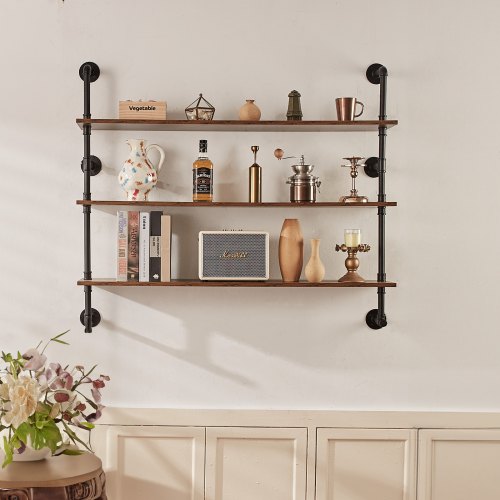 Industrial Pipe Shelf 3 Tier 48x984in WallMount Floating Rustic Wood