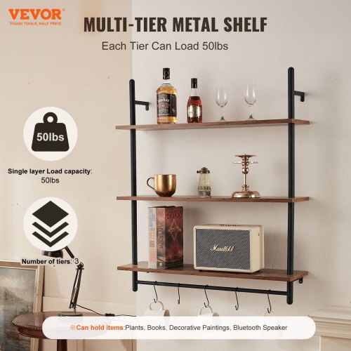 Industrial Pipe Shelf 3 Tier 32x984in WallMount Floating Rustic Wood
