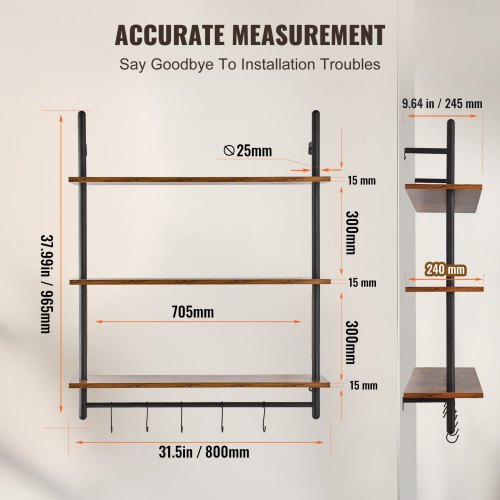Industrial Pipe Shelf 3 Tier 32x984in WallMount Floating Rustic Wood