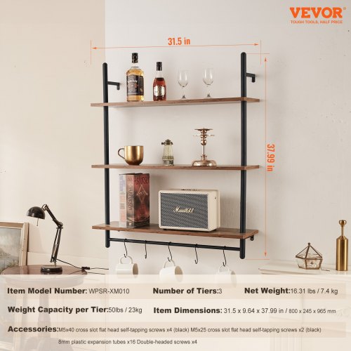 Industrial Pipe Shelf 3 Tier 32x984in WallMount Floating Rustic Wood