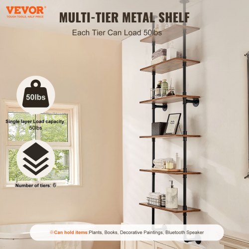 Industrial Pipe Shelf 6 Tier 24x984in WallMount Floating Rustic Wood