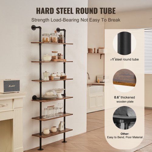 Industrial Pipe Shelf 6 Tier 24x984in WallMount Floating Rustic Wood