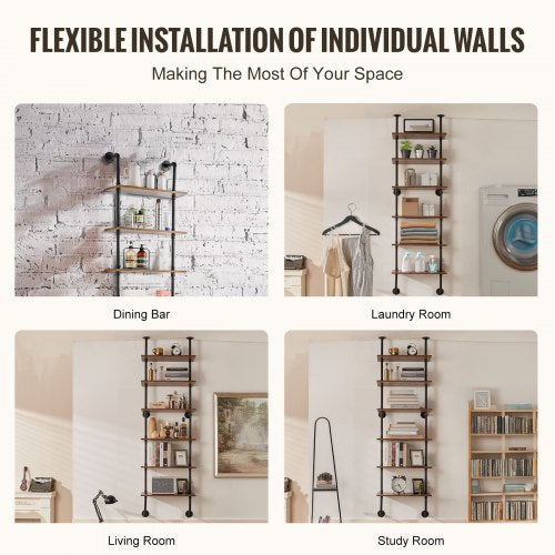 Industrial Pipe Shelf 6 Tier 24x984in WallMount Floating Rustic Wood