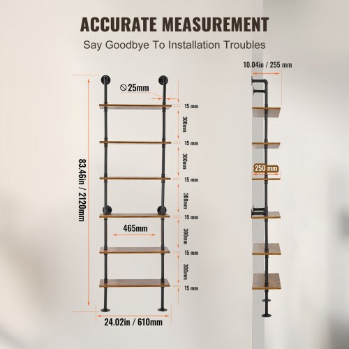 Industrial Pipe Shelf 6 Tier 24x984in WallMount Floating Rustic Wood