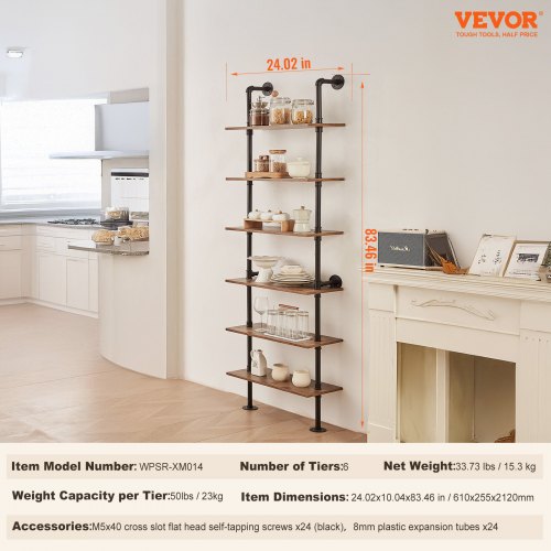 Industrial Pipe Shelf 6 Tier 24x984in WallMount Floating Rustic Wood