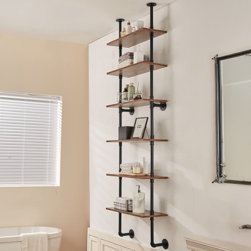 Industrial Pipe Shelf 6 Tier 24x984in WallMount Floating Rustic Wood
