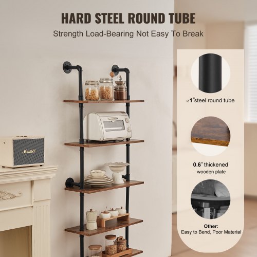 Industrial Pipe Shelf 5 Tier 24x984in WallMount Floating Rustic Wood