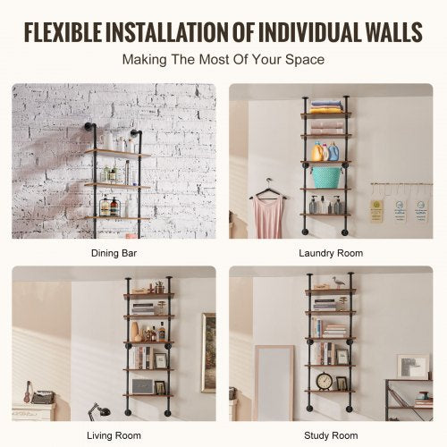 Industrial Pipe Shelf 5 Tier 24x984in WallMount Floating Rustic Wood