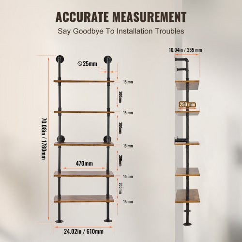 Industrial Pipe Shelf 5 Tier 24x984in WallMount Floating Rustic Wood
