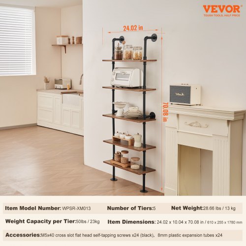 Industrial Pipe Shelf 5 Tier 24x984in WallMount Floating Rustic Wood
