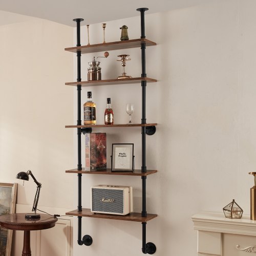 Industrial Pipe Shelf 5 Tier 24x984in WallMount Floating Rustic Wood