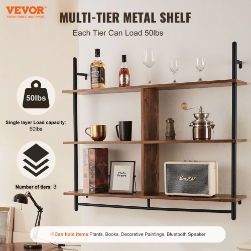 Industrial Pipe Shelf 3 Tier 415x984in WallMount Floating Rustic Wood
