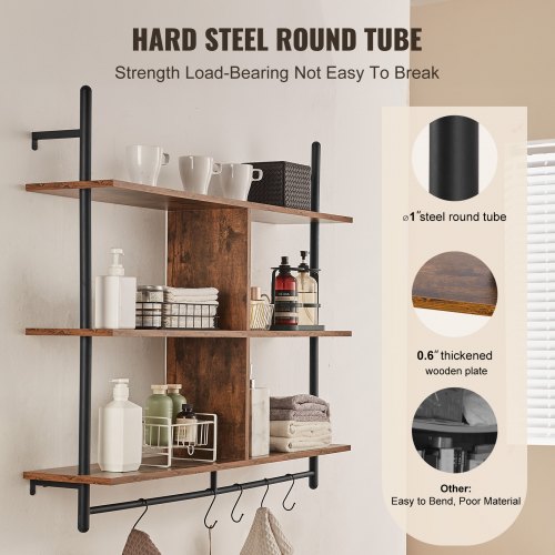Industrial Pipe Shelf 3 Tier 415x984in WallMount Floating Rustic Wood