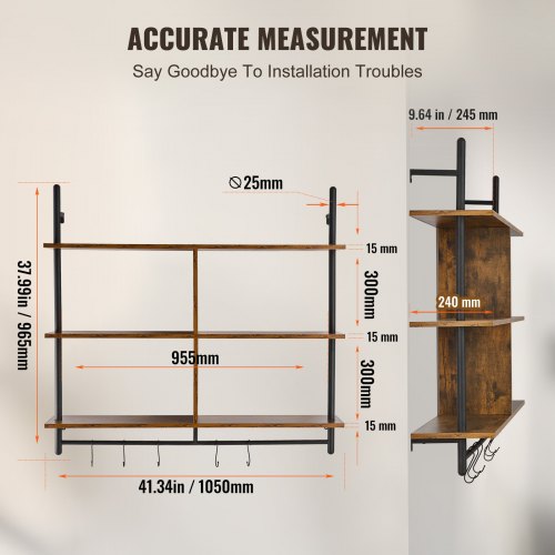 Industrial Pipe Shelf 3 Tier 415x984in WallMount Floating Rustic Wood