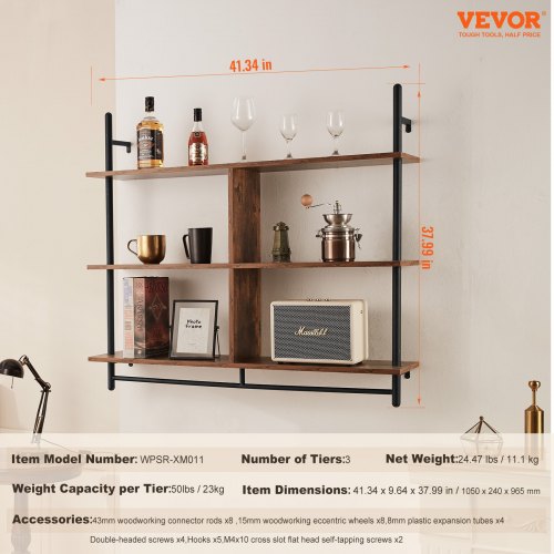 Industrial Pipe Shelf 3 Tier 415x984in WallMount Floating Rustic Wood