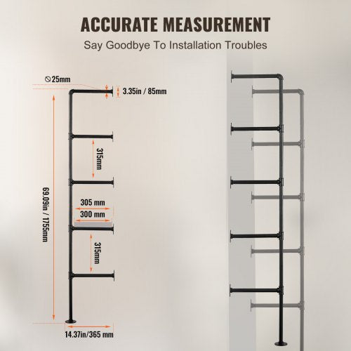 Industrial Pipe Shelf 5 Tier 2PCS 118in Applicable Board Width WallMount
