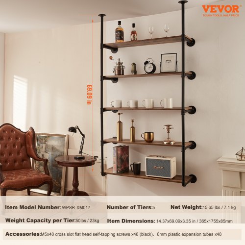 Industrial Pipe Shelf 5 Tier 2PCS 118in Applicable Board Width WallMount