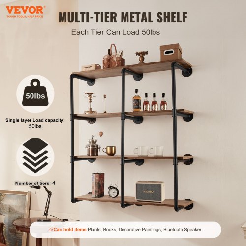 Industrial Pipe Shelf 4 Tier 3PCS 118in Applicable Board Width WallMount