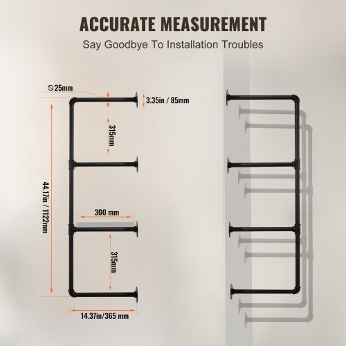 Industrial Pipe Shelf 4 Tier 3PCS 118in Applicable Board Width WallMount