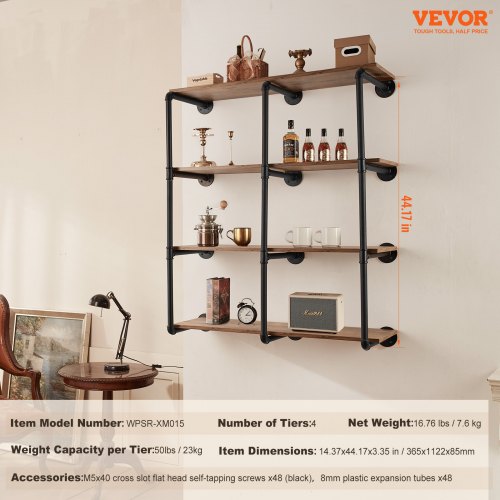 Industrial Pipe Shelf 4 Tier 3PCS 118in Applicable Board Width WallMount