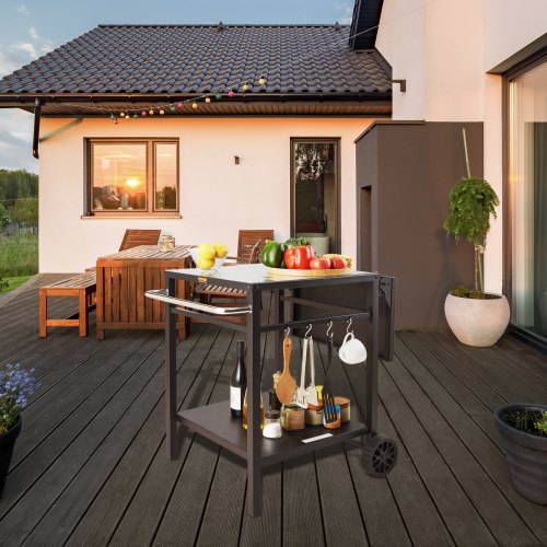 Outdoor Grill Dining Cart with DoubleShelf BBQ Movable Food Prep Table