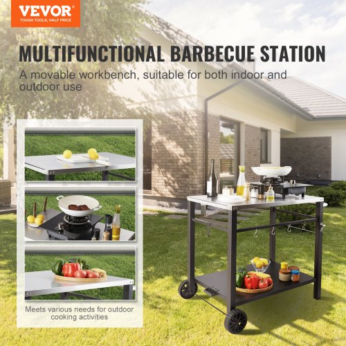 Outdoor Grill Dining Cart with DoubleShelf BBQ Movable Food Prep Table