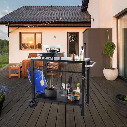 Outdoor Grill Dining Cart with DoubleShelf BBQ Movable Food Prep Table