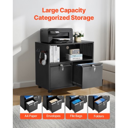 2 Drawers Metal File Cabinet Lateral Filing Cabinet with Lock and Adjustable