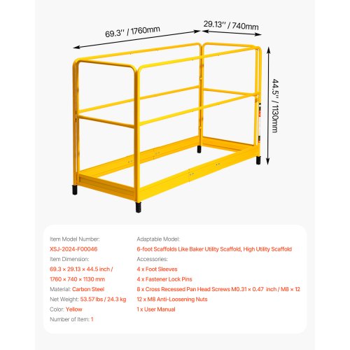 6ft Scaffolding Safety Guard Rail System For BakerStyle Scaffolding Yellow