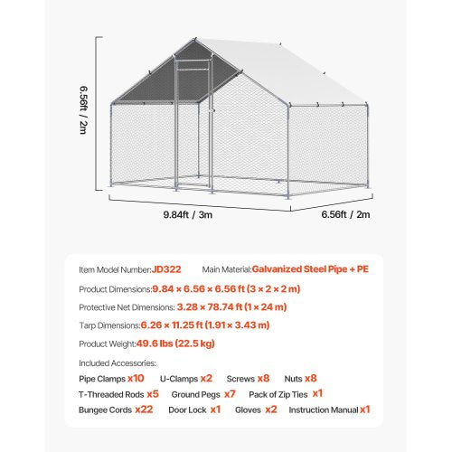 Metal Chicken Coop 98x65x65ft Large Walkin Chicken Runs with Cover