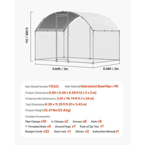 Metal Chicken Coop 98x65x65ft Large Walkin Chicken Runs with Cover