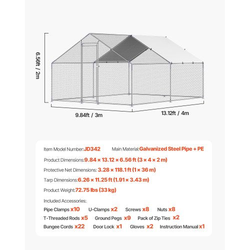Metal Chicken Coop 98x131x65 ft Large Walkin Chicken Runs with Cover