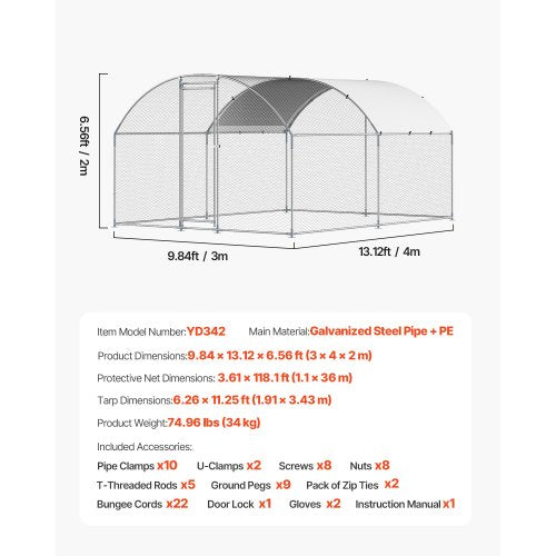 Metal Chicken Coop 98x131x65 ft Large Walkin Chicken Runs with Cover