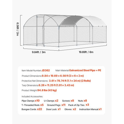 Metal Chicken Coop 98x193x65 ft Large Walkin Chicken Runs with Cover