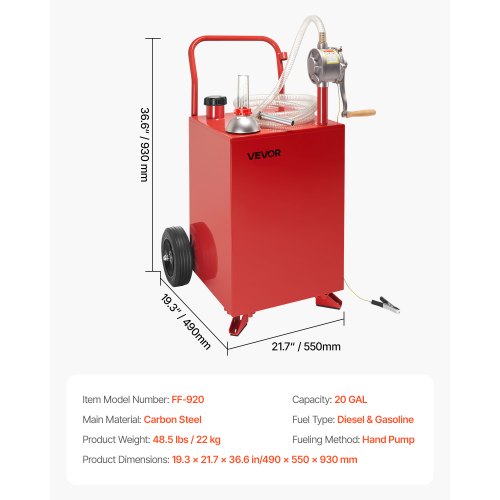 20 Gallon Fuel Caddy Gasoline Diesel Fuel Tank with Manual Transfer Pump