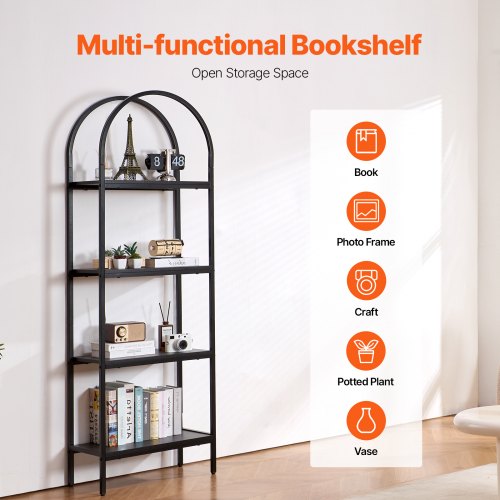 Metal Bookshelf 4Tier Arched Industrial Bookshelf Small Rustic Vintage