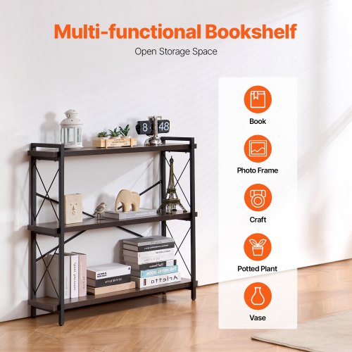 Metal Bookshelf 3Tier Industrial Bookshelf Small Rustic Storage Display