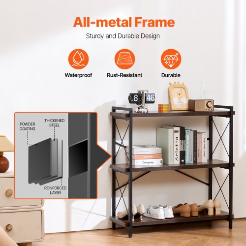 Metal Bookshelf 3Tier Industrial Bookshelf Small Rustic Storage Display