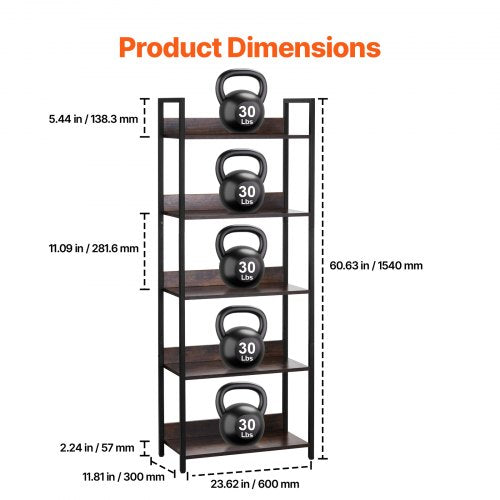 Metal Bookshelf 5Tier Tall Industrial Bookshelf Rustic Display Vintage