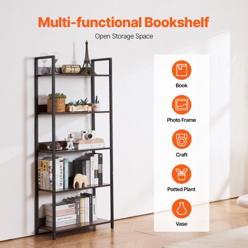 Metal Bookshelf 5Tier Tall Industrial Bookshelf Rustic Display Vintage