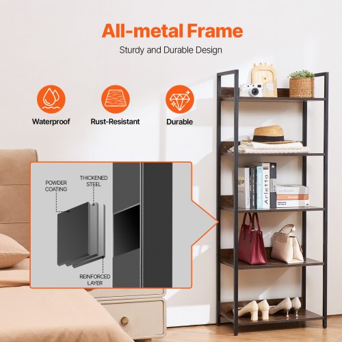 Metal Bookshelf 5Tier Tall Industrial Bookshelf Rustic Display Vintage