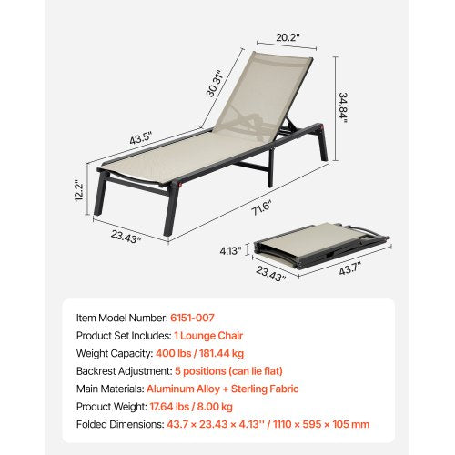 Outdoor Chaise Lounge Chair 400 lbs Weight Capacity Foldable Sun Tanning