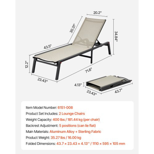 Outdoor Chaise Lounge Chair Set of 2 400 lbs Weight Capacity Foldable Sun