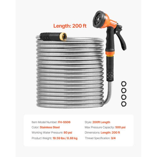Metal Garden Hose 200 ft Rust Proof Stainless Steel Water Hose Heavy Duty