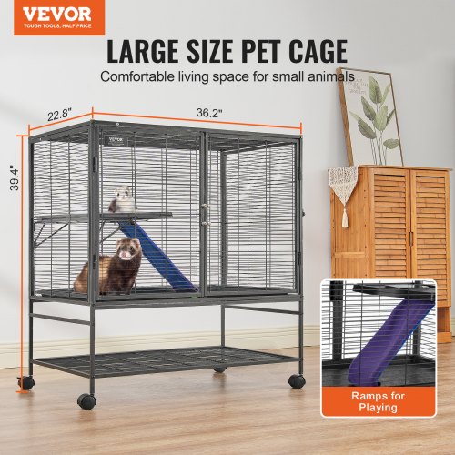 39 Metal Small Animal Cage 2Tier Rolling Ferret Cage with Tray A Ramp – 2 INCH