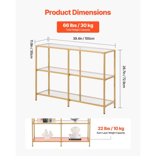 3Tier Glass Console Table Modern Rectangle Sofa Side Table with Tempered